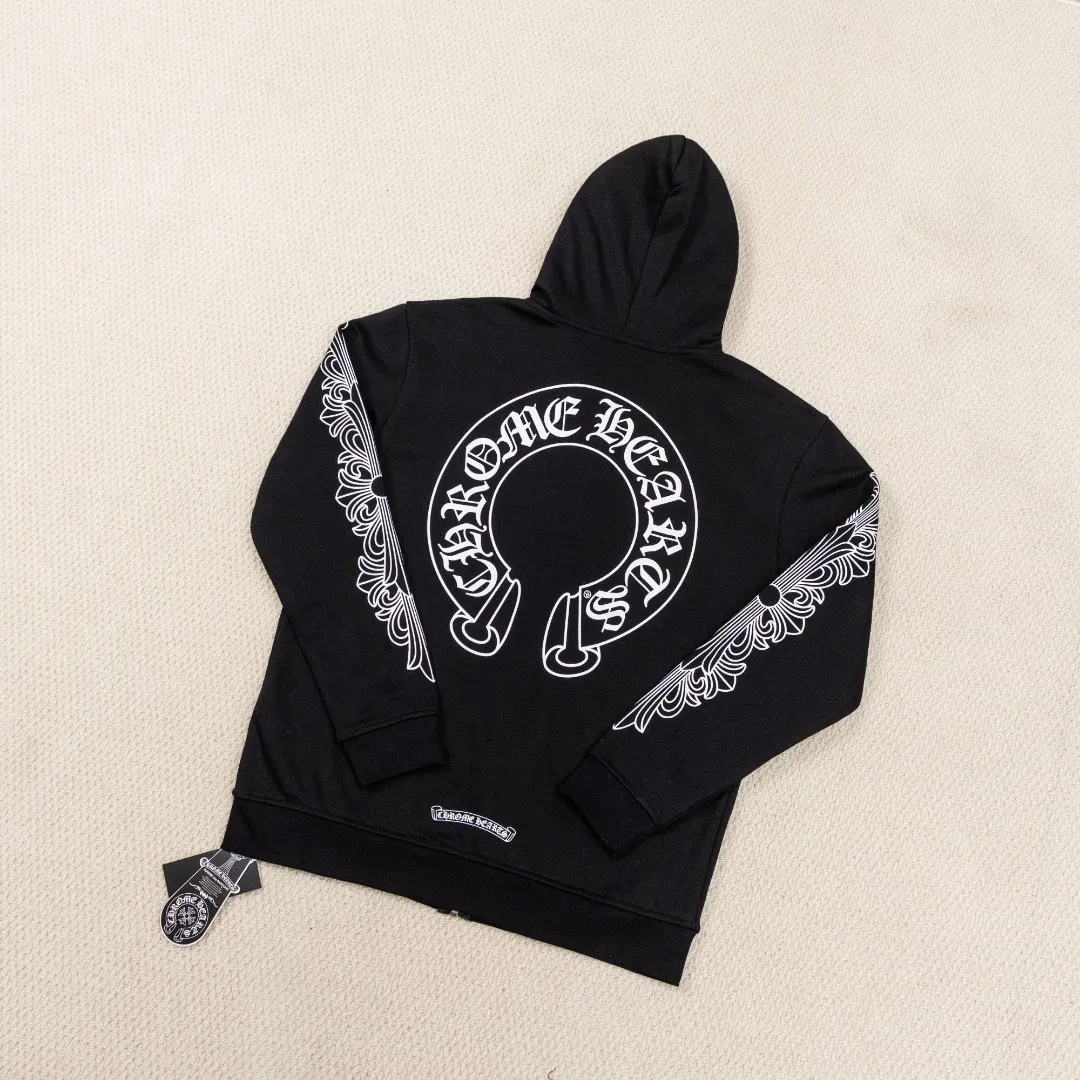 P270 Chrome Hearts/Chrome Hearts 25 Horseshoe Scroll Printed Cross Flower Arm Zipper Hooded Sweatshirt Cardigan Jacket Made of 440g high weight pure cotton terry fabric Correct hardware Uniform couple style for men and women Color: Black Size: S-XL (Picture 9)